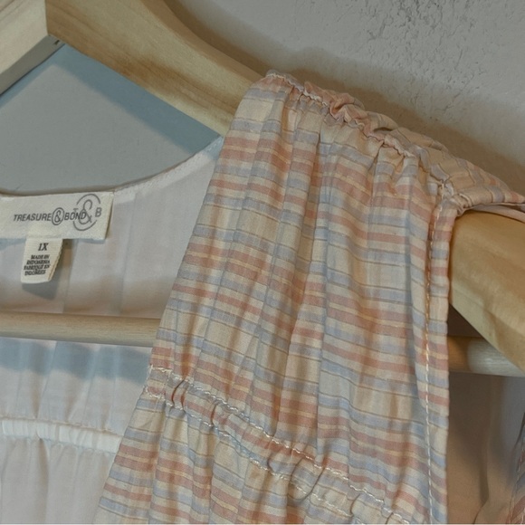 Treasure & Bond Plaid Shirred Cotton Blend Dress Ivory Honey Plaid 1X - Picture 5 of 8